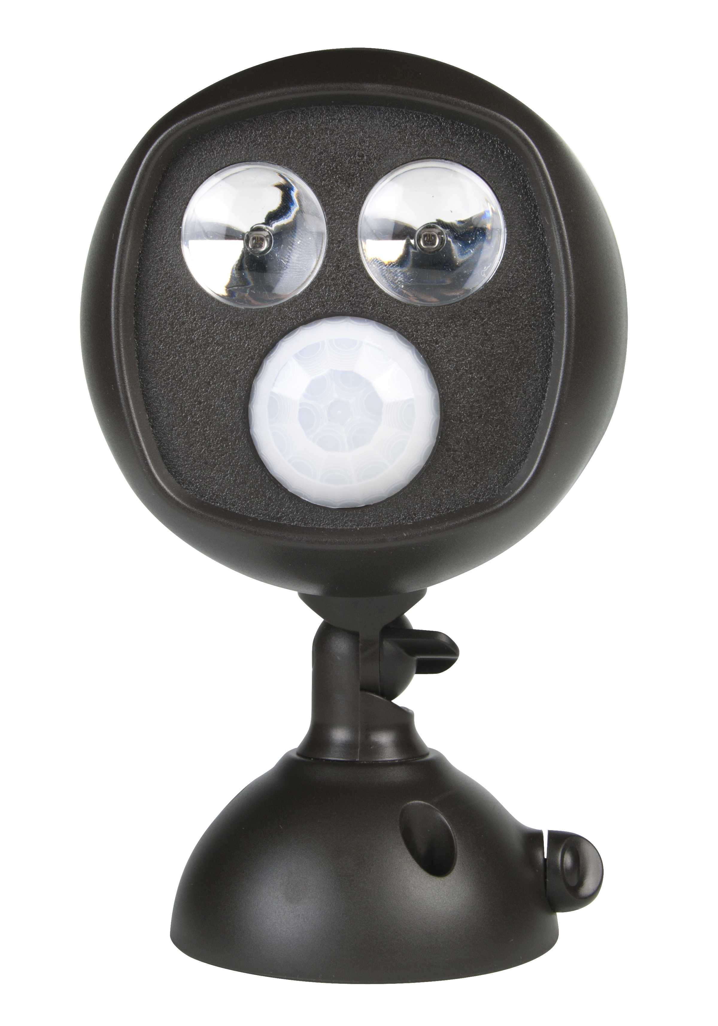 A dark motion-sensor light fixture with two lens elements and a sensor, shown against a plain white background