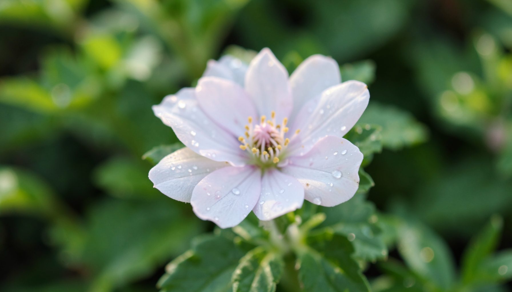 A close-up of a blooming flower with soft green foliage in the background, morning dew on petals