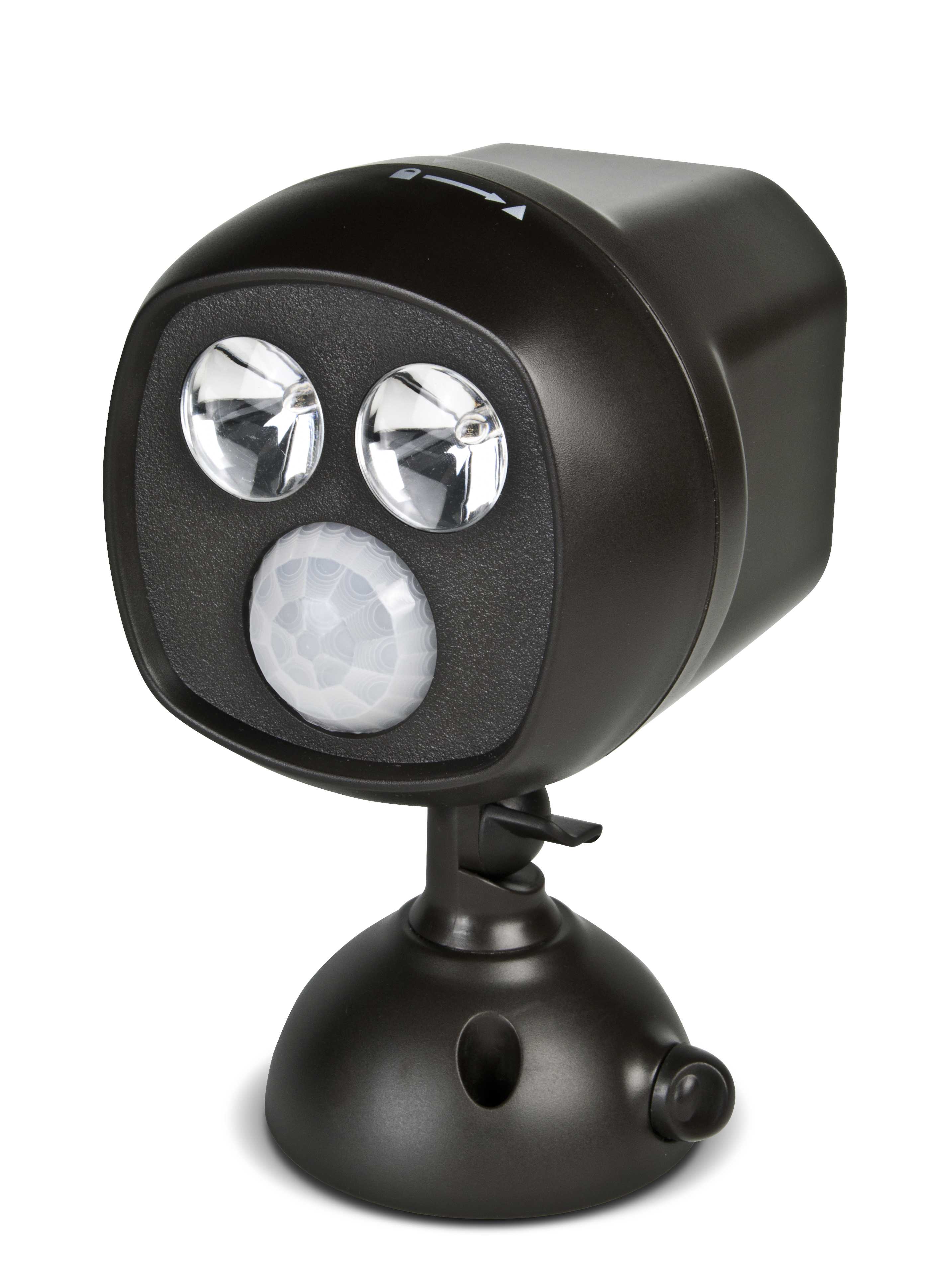 A dark brown motion-sensor light fixture with two lenses and a sensor dome, mounted on a rounded stand, on a white background