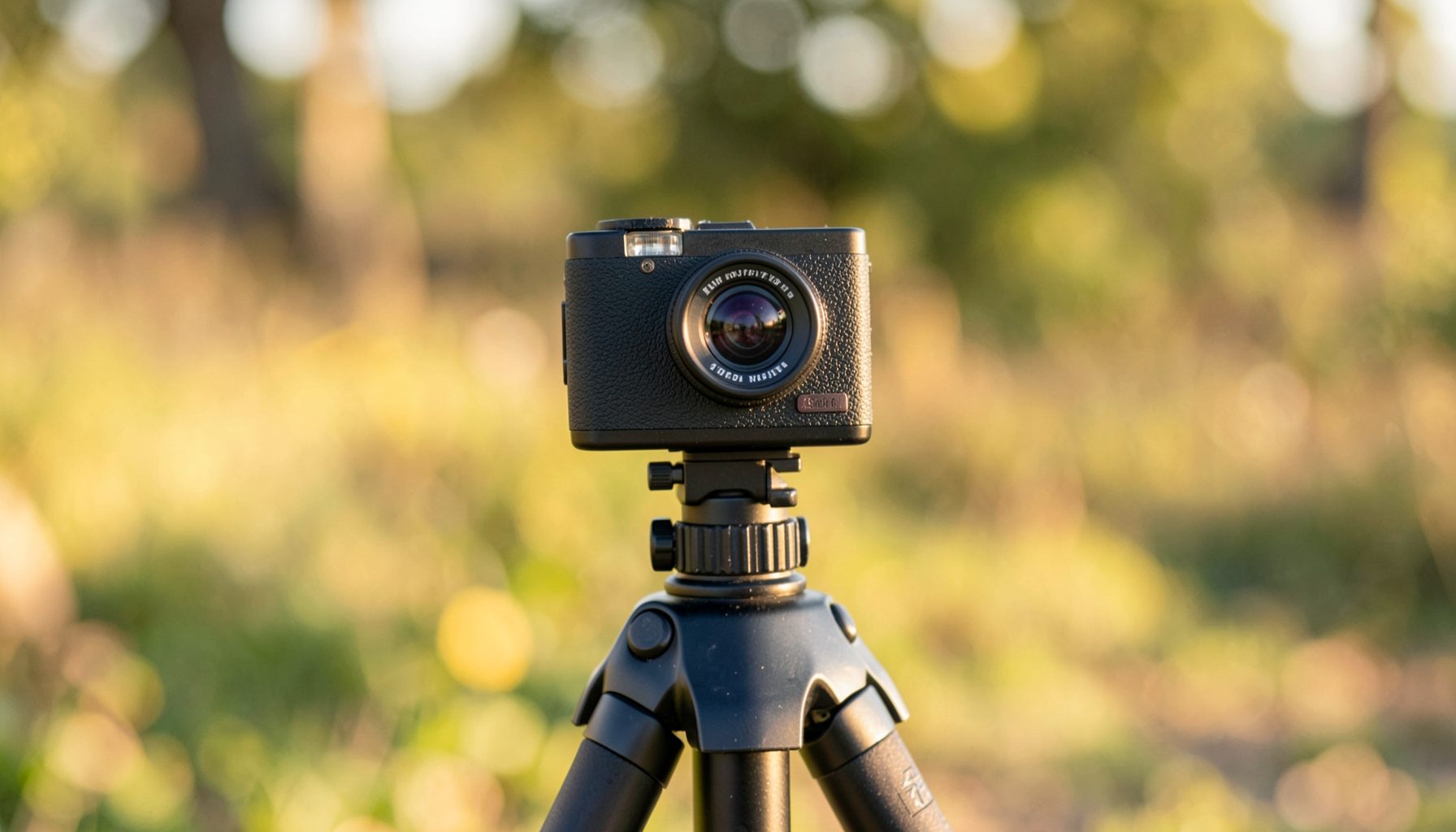 A compact time-lapse camera with a small lens, mounted on a tripod against a blurred outdoor background in warm daylight