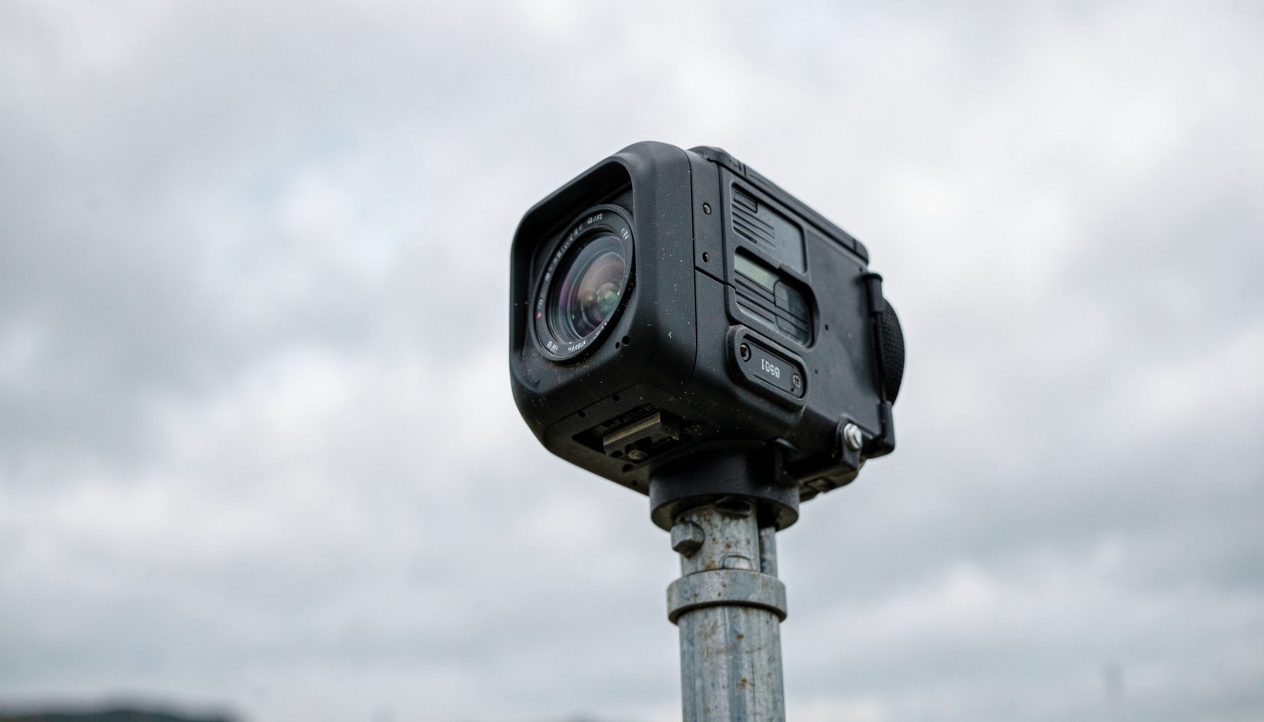 A rugged outdoor time-lapse camera with a weather-resistant housing, mounted on a pole under overcast sky