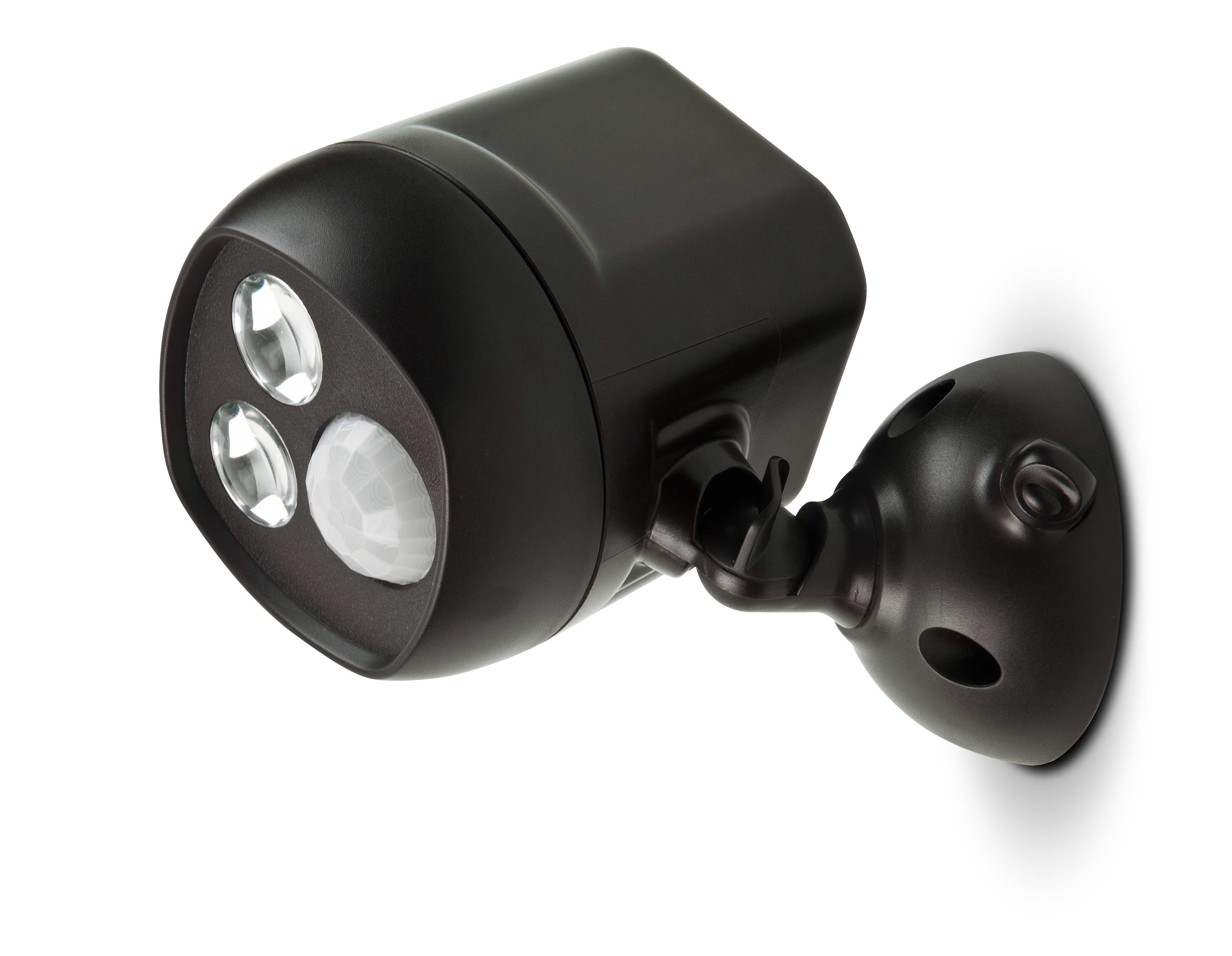 A dark-colored motion-sensor light fixture with two lens lights and a sensor, mounted on an adjustable bracket
