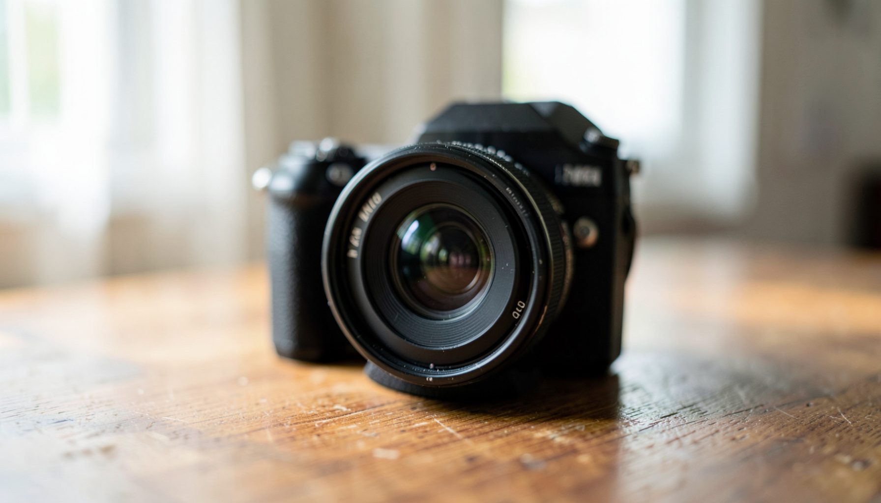 A time-lapse camera with a prominent lens, positioned on a wooden table with soft natural window light