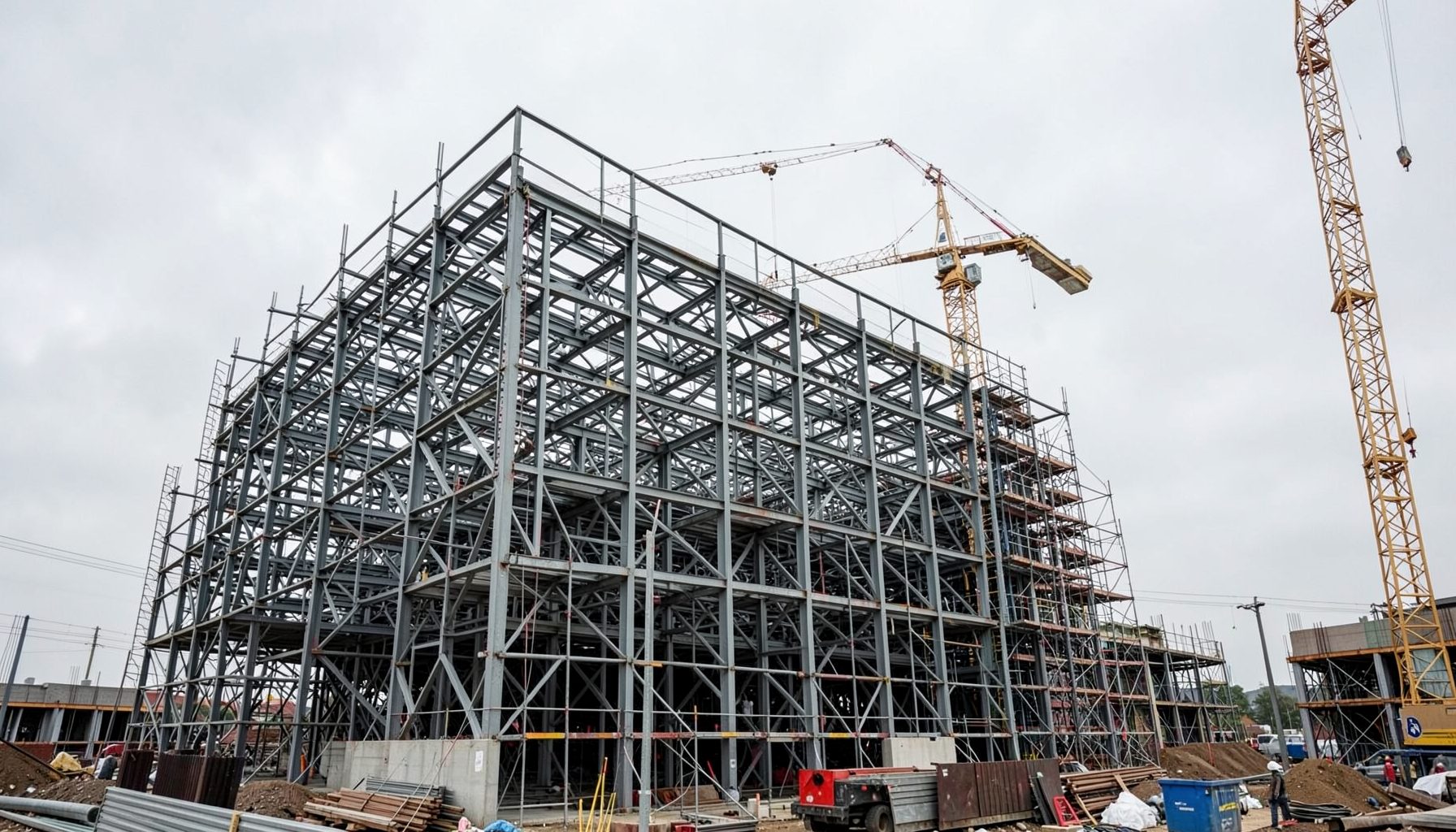 A construction site with steel framework rising against an overcast sky, cranes and scaffolding visible