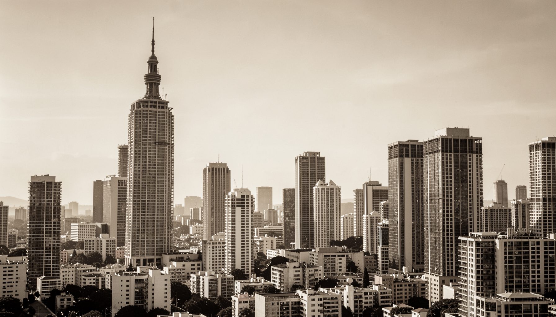 A wide cityscape with a tall tower and high-rise buildings under a muted sky, conveying a professional urban atmosphere