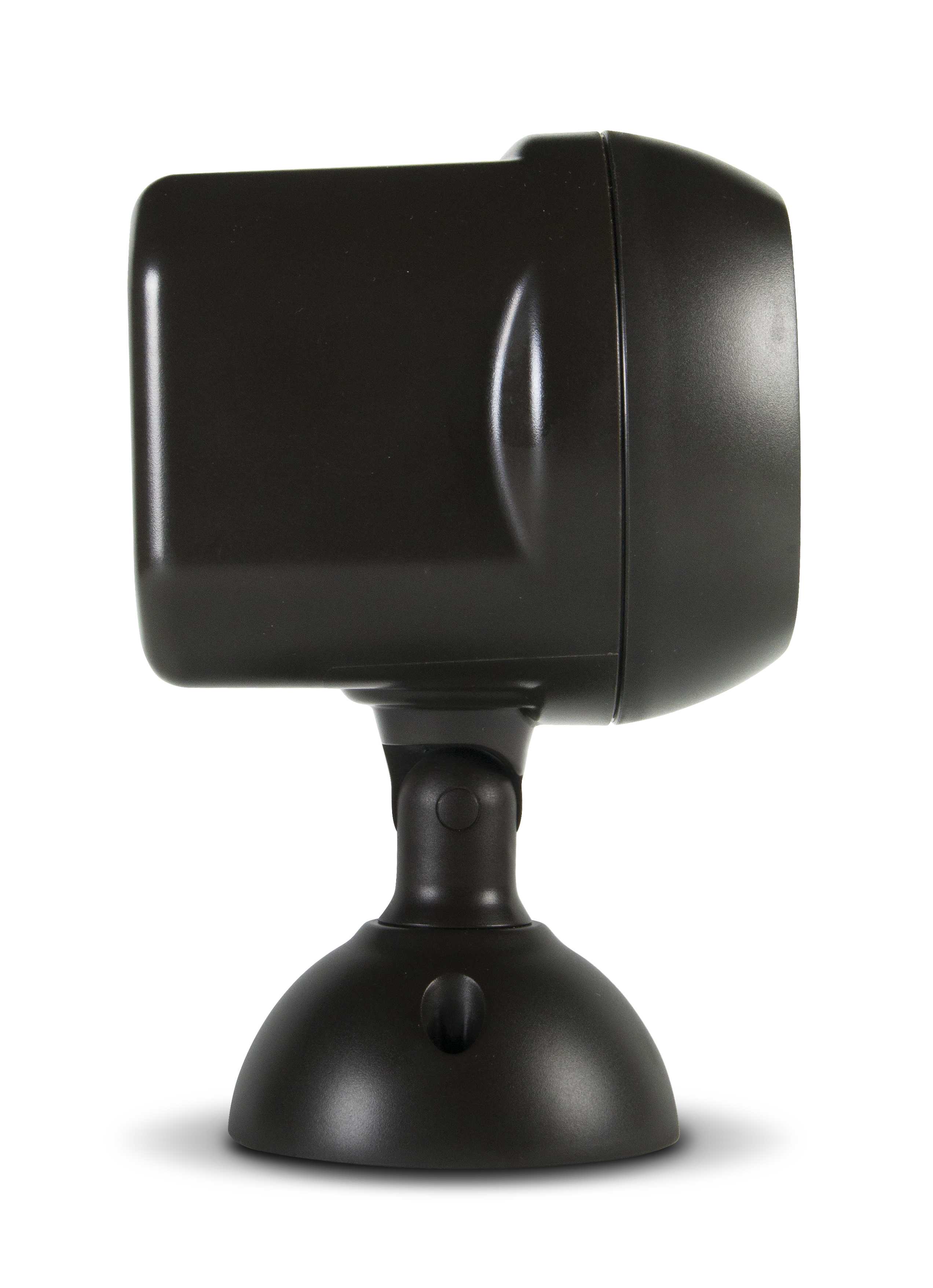 A dark brown boxy device mounted on an adjustable stand, photographed from the side against a white background