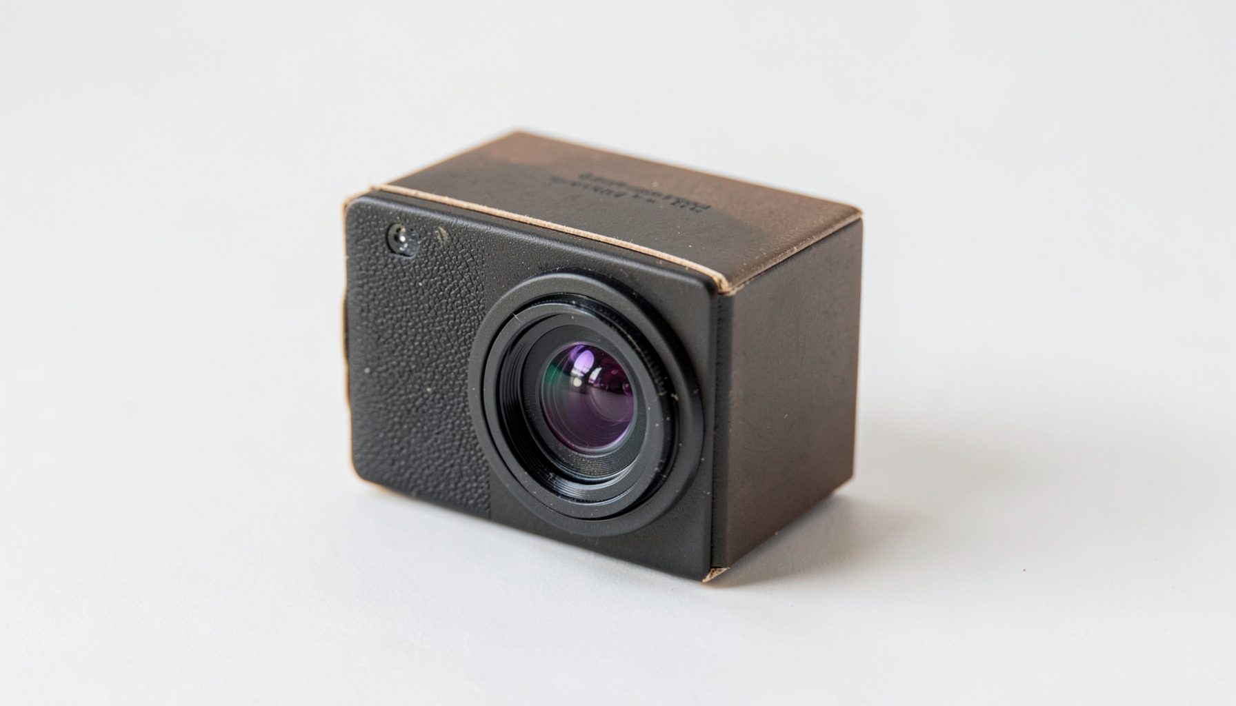 A box-shaped camera device with a front lens, photographed on a plain light surface