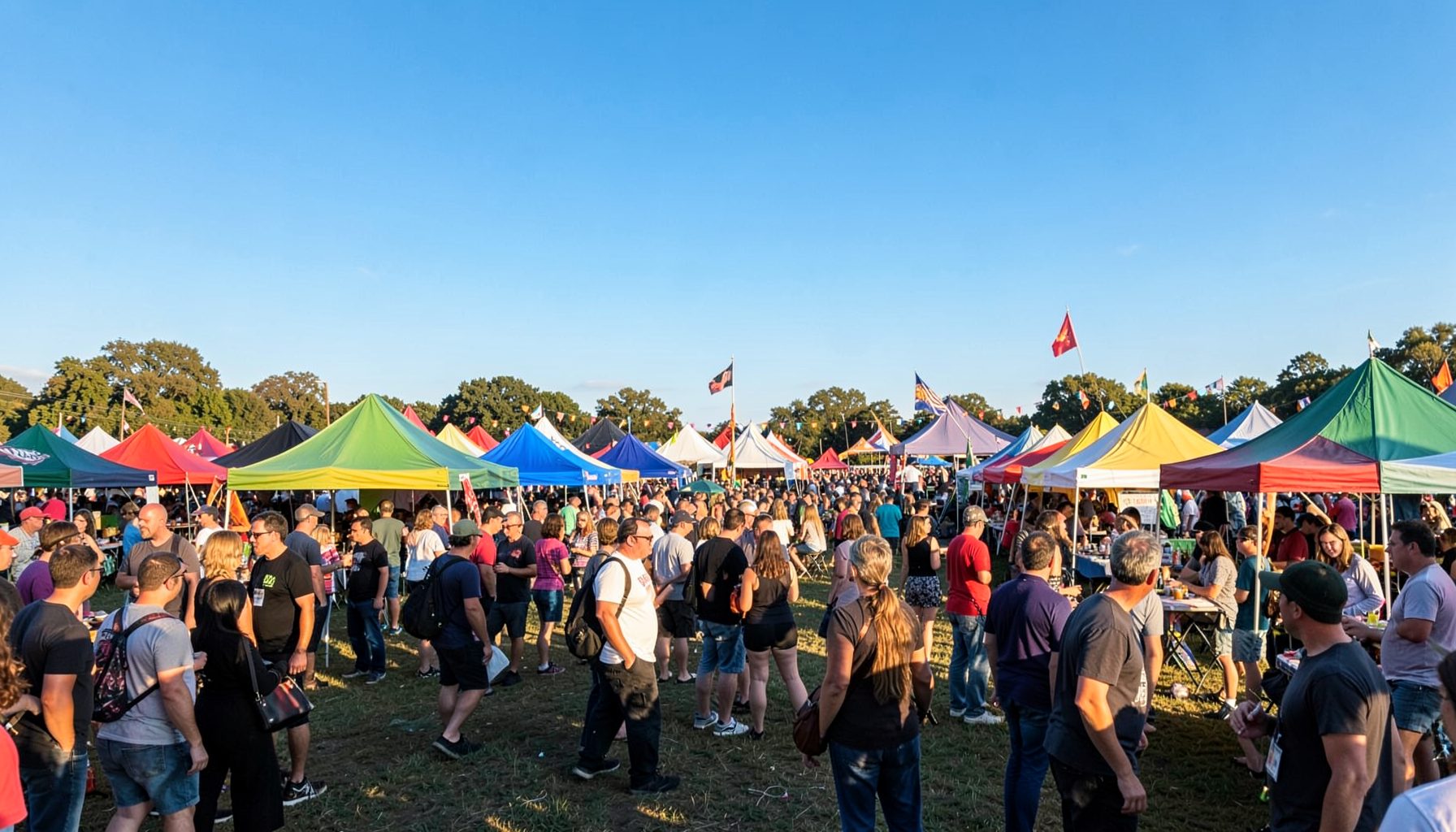 A lively outdoor festival scene with colorful tents and crowds under a bright blue sky, warm afternoon light